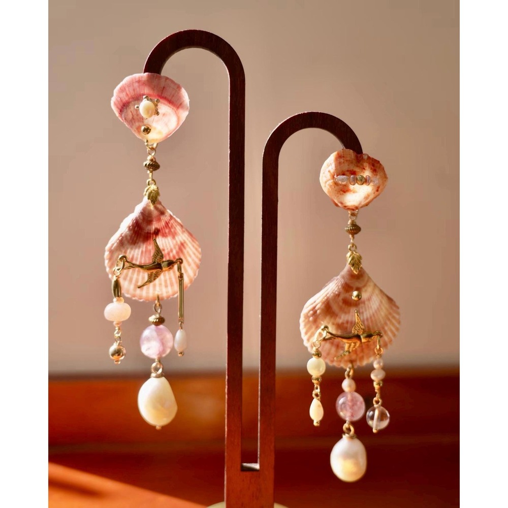 Natural Seashells Handmade Earrings with‎ Pearls Quartz and Gem Stones Beach
